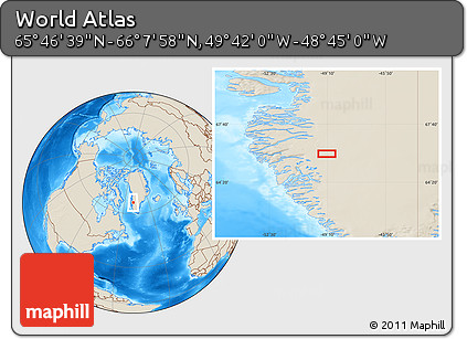 Shaded Relief Location Map of the Area around 65° 57' 19" N, 49° 13' 30" W