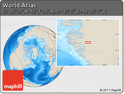 Shaded Relief Location Map of the Area around 65° 57' 19" N, 49° 13' 30" W