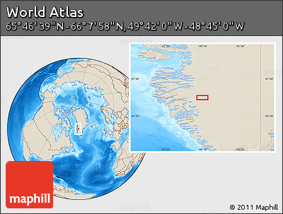 Shaded Relief Location Map of the Area around 65° 57' 19" N, 49° 13' 30" W