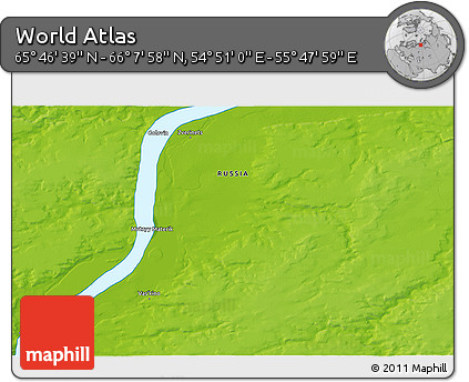 Physical 3D Map of the Area around 65° 57' 19" N, 55° 19' 30" E