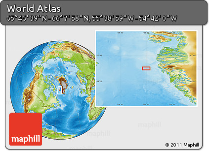 Physical Location Map of the Area around 65° 57' 19" N, 55° 10' 29" W
