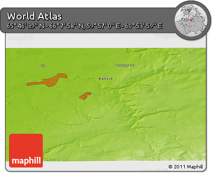 Physical 3D Map of the Area around 65° 57' 19" N, 60° 25' 29" E