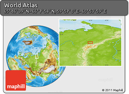 Physical Location Map of the Area around 65° 57' 19" N, 60° 25' 29" E