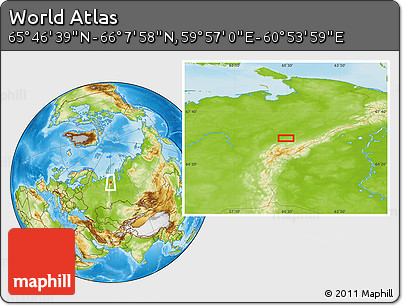 Physical Location Map of the Area around 65° 57' 19" N, 60° 25' 29" E