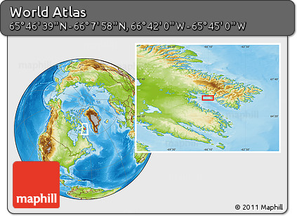 Physical Location Map of the Area around 65° 57' 19" N, 66° 13' 29" W