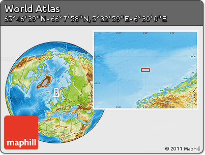 Physical Location Map of the Area around 65° 57' 19" N, 6° 1' 30" E