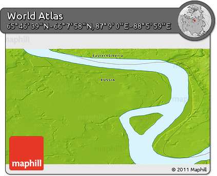 Physical 3D Map of the Area around 65° 57' 19" N, 87° 37' 30" E