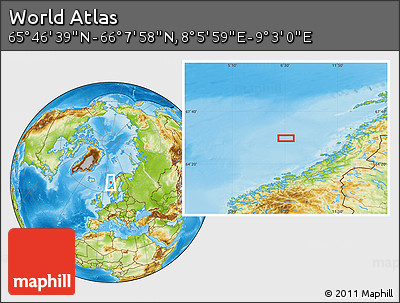 Physical Location Map of the Area around 65° 57' 19" N, 8° 34' 29" E