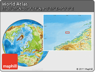 Physical Location Map of the Area around 65° 57' 19" N, 8° 34' 29" E
