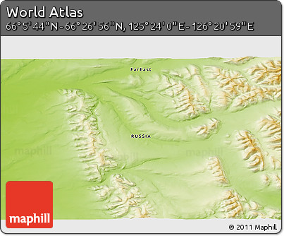 Physical 3D Map of the Area around 66° 16' 20" N, 125° 52' 30" E