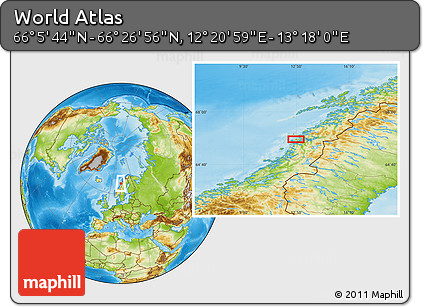 Physical Location Map of the Area around 66° 16' 20" N, 12° 49' 29" E