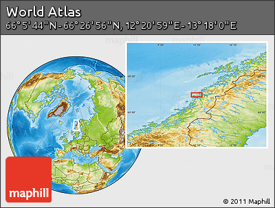 Physical Location Map of the Area around 66° 16' 20" N, 12° 49' 29" E