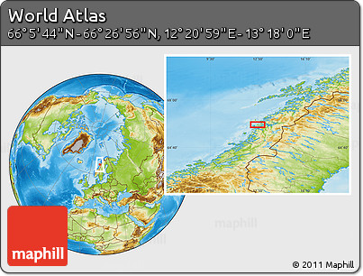 Physical Location Map of the Area around 66° 16' 20" N, 12° 49' 29" E