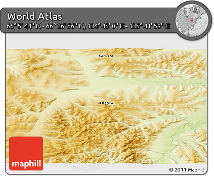 Physical 3D Map of the Area around 66° 16' 20" N, 135° 13' 29" E