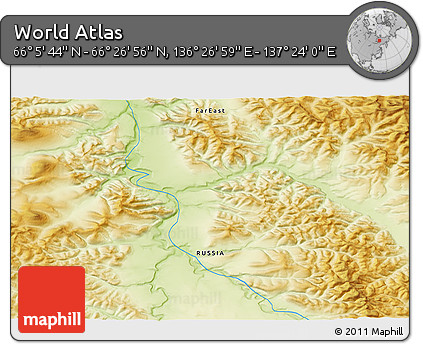 Physical 3D Map of the Area around 66° 16' 20" N, 136° 55' 30" E