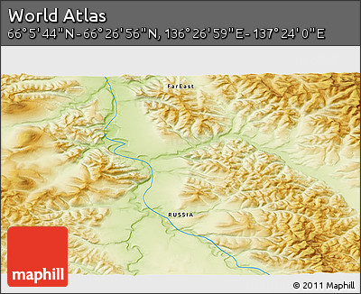Physical 3D Map of the Area around 66° 16' 20" N, 136° 55' 30" E