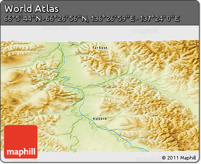 Physical 3D Map of the Area around 66° 16' 20" N, 136° 55' 30" E