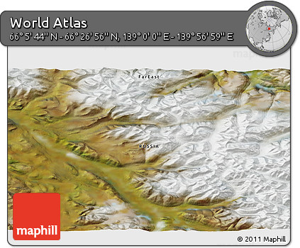 Satellite 3D Map of the Area around 66° 16' 20" N, 139° 28' 29" E