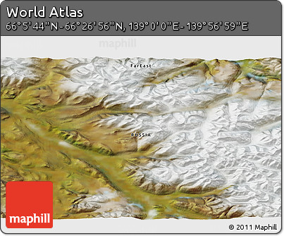 Satellite 3D Map of the Area around 66° 16' 20" N, 139° 28' 29" E