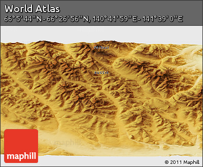 Physical 3D Map of the Area around 66° 16' 20" N, 141° 10' 30" E