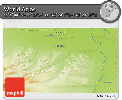 Physical 3D Map of the Area around 66° 16' 20" N, 142° 52' 30" E