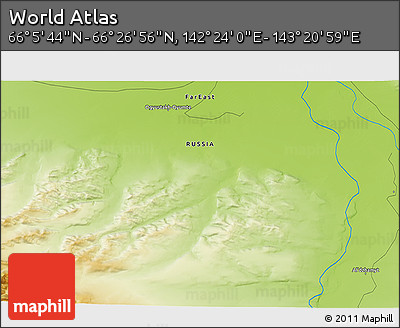 Physical 3D Map of the Area around 66° 16' 20" N, 142° 52' 30" E