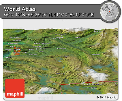 Satellite 3D Map of the Area around 66° 16' 20" N, 14° 31' 30" E
