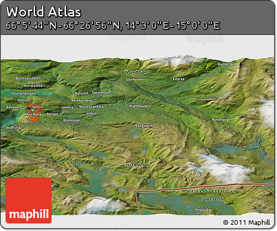 Satellite 3D Map of the Area around 66° 16' 20" N, 14° 31' 30" E