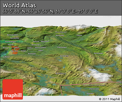 Satellite 3D Map of the Area around 66° 16' 20" N, 14° 31' 30" E