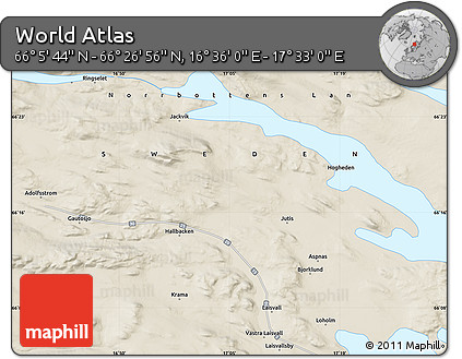 Shaded Relief Map of the Area around 66° 16' 20" N, 17° 4' 30" E