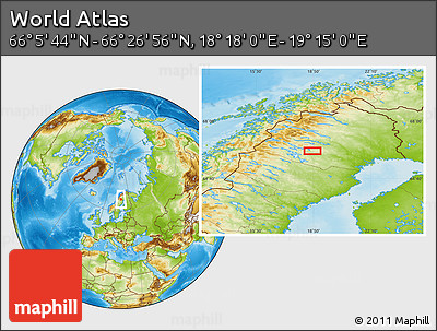 Physical Location Map of the Area around 66° 16' 20" N, 18° 46' 29" E