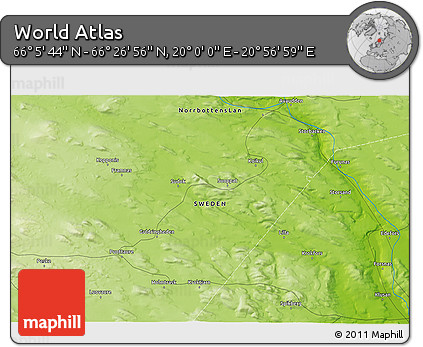 Physical 3D Map of the Area around 66° 16' 20" N, 20° 28' 30" E