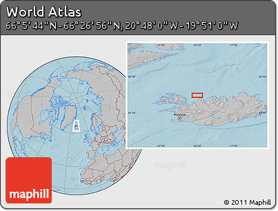 Gray Location Map of the Area around 66° 16' 20" N, 20° 19' 30" W, hill shading
