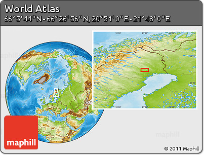 Physical Location Map of the Area around 66° 16' 20" N, 21° 19' 30" E