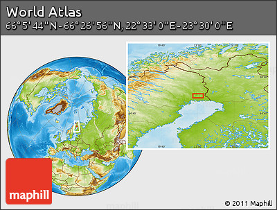 Physical Location Map of the Area around 66° 16' 20" N, 23° 1' 29" E