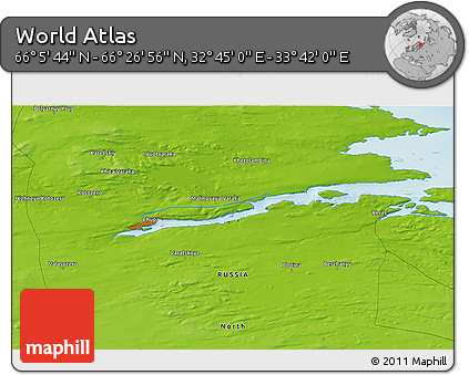 Physical 3D Map of the Area around 66° 16' 20" N, 33° 13' 30" E