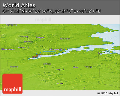 Physical 3D Map of the Area around 66° 16' 20" N, 33° 13' 30" E