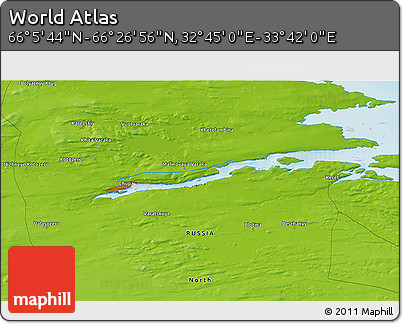 Physical 3D Map of the Area around 66° 16' 20" N, 33° 13' 30" E