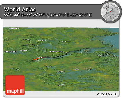 Satellite 3D Map of the Area around 66° 16' 20" N, 33° 13' 30" E