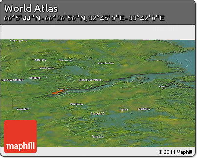 Satellite 3D Map of the Area around 66° 16' 20" N, 33° 13' 30" E