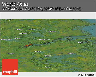 Satellite 3D Map of the Area around 66° 16' 20" N, 33° 13' 30" E