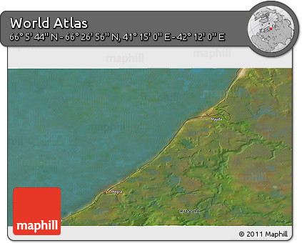 Satellite 3D Map of the Area around 66° 16' 20" N, 41° 43' 30" E