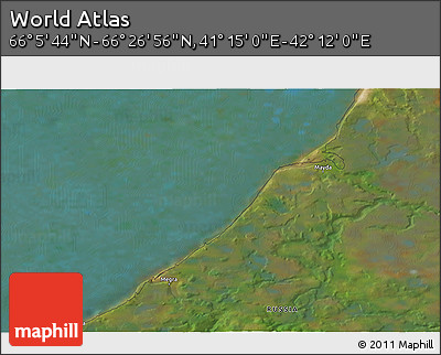 Satellite 3D Map of the Area around 66° 16' 20" N, 41° 43' 30" E