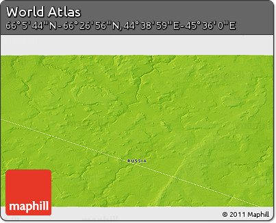 Physical 3D Map of the Area around 66° 16' 20" N, 45° 7' 30" E