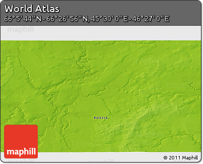 Physical 3D Map of the Area around 66° 16' 20" N, 45° 58' 30" E