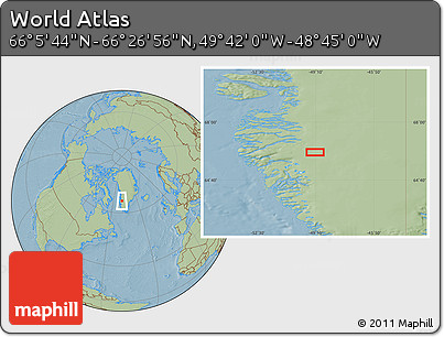 Savanna Style Location Map of the Area around 66° 16' 20" N, 49° 13' 30" W, hill shading