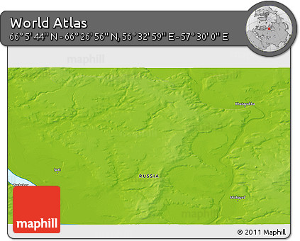 Physical 3D Map of the Area around 66° 16' 20" N, 57° 1' 29" E