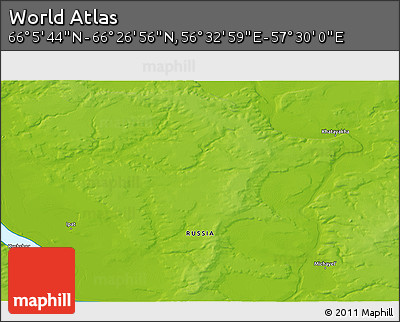 Physical 3D Map of the Area around 66° 16' 20" N, 57° 1' 29" E