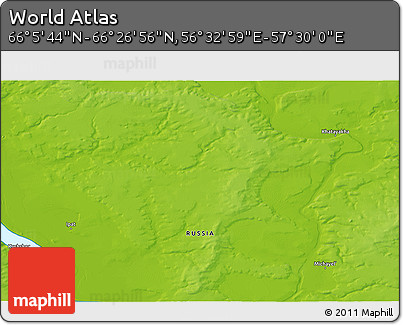 Physical 3D Map of the Area around 66° 16' 20" N, 57° 1' 29" E