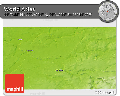 Physical 3D Map of the Area around 66° 16' 20" N, 62° 7' 30" E